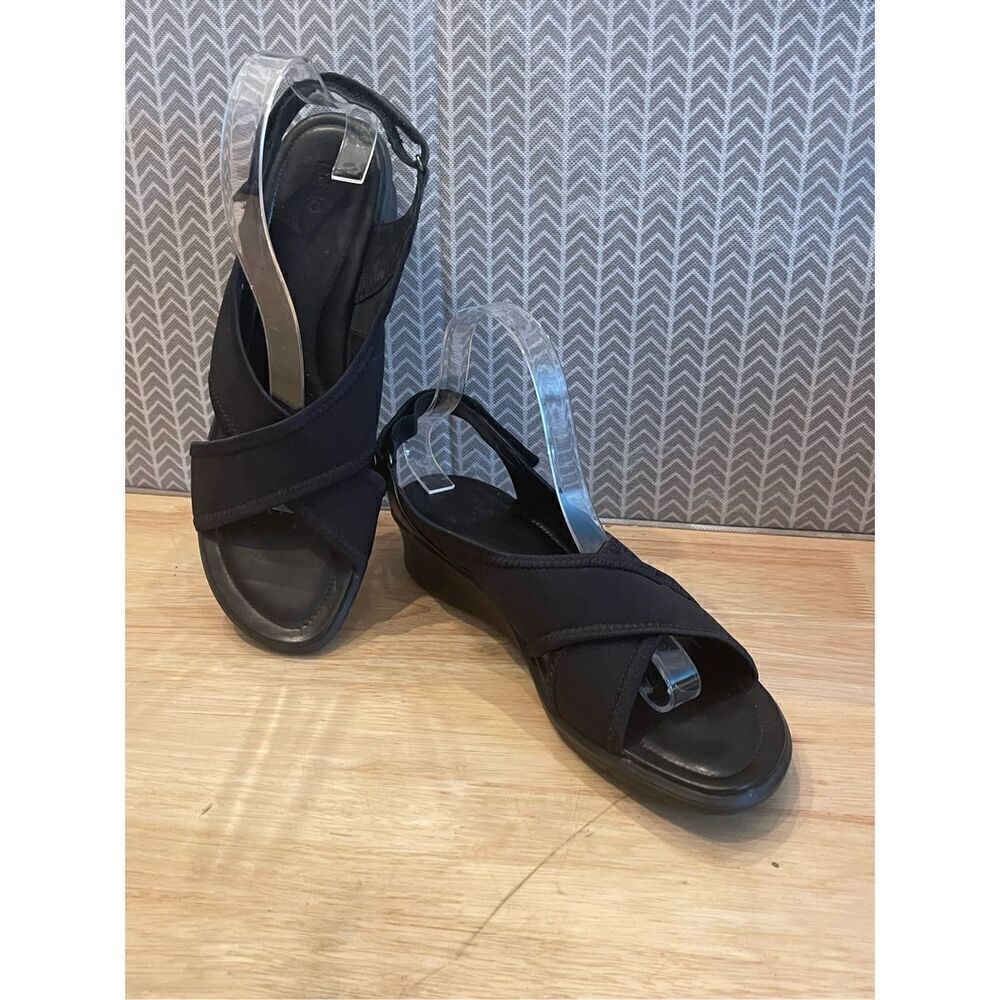 ✅ECCO Womens Felicia Comfort Wedge Sandal Black Leather Strappy Slingback